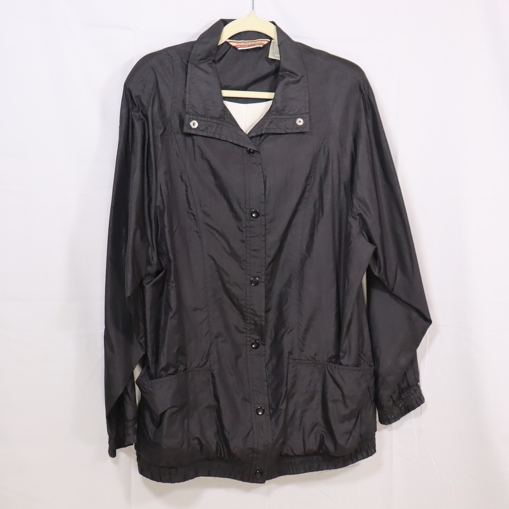 Tudor Court Windbreaker Jacket M Black Womens Snap Button Lightweight
